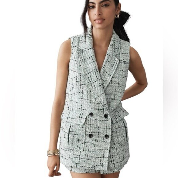 Anthropologie Maeve Tweed Vest Green with Black Plaid Pattern Size 14 - Picture 2 of 11